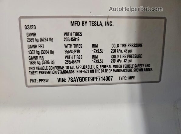 7SAYGDEE9PF714007 2023 TESLA MODEL White Շարժիչի բաժամունքի տեսք