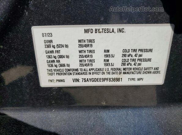 7SAYGDEE9PF836981 2023 TESLA MODEL Gray VIN კოდის სტიკერის ხედი