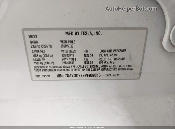 7SAYGDEE9PF909816 2023 TESLA MODEL Y White Engine compartment view