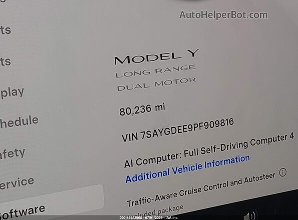 7SAYGDEE9PF909816 2023 TESLA MODEL Y White 360 interior view