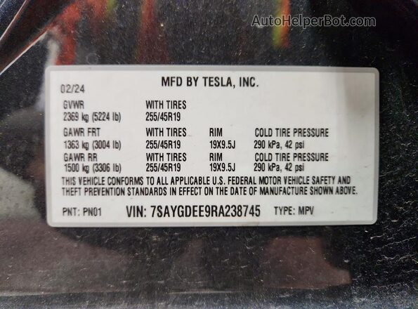 7SAYGDEE9RA238745 2024 TESLA MODEL Gray VIN კოდის სტიკერის ხედი