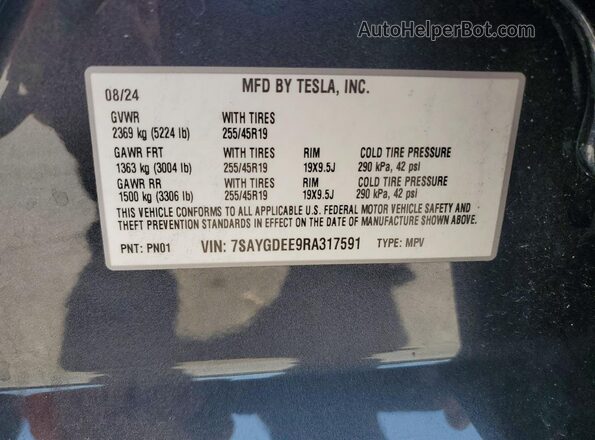 7SAYGDEE9RA317591 2024 TESLA MODEL Gray VIN sticker view