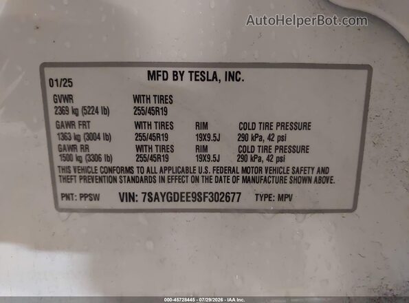7SAYGDEE9SF302677 2025 TESLA MODEL Y White ძრავის განყოფილების ხედი
