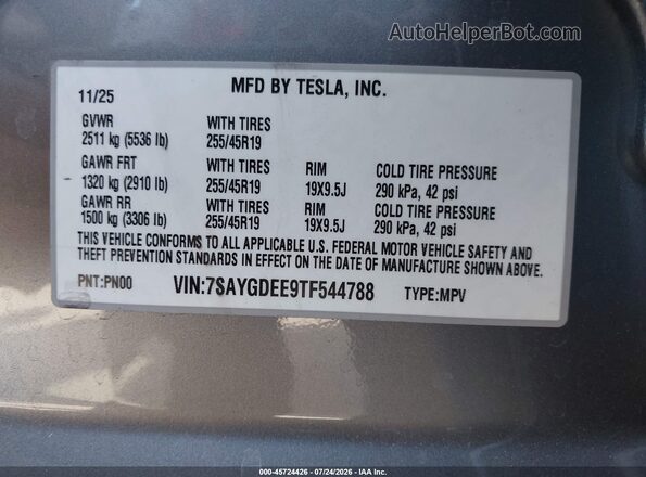 7SAYGDEE9TF544788 2026 TESLA MODEL Y Silver Շարժիչի բաժամունքի տեսք