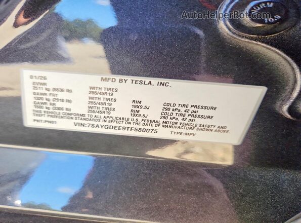 7SAYGDEE9TF580075 2026 TESLA MODEL Charcoal Widok naklejki z numerem VIN