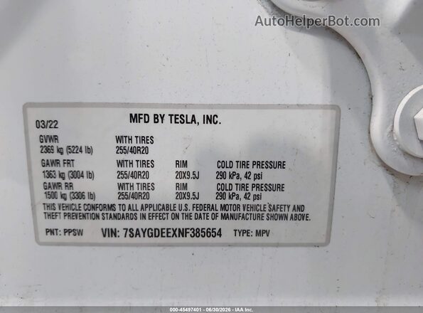 7SAYGDEEXNF385654 2022 TESLA MODEL Y White Engine compartment view