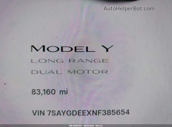 7SAYGDEEXNF385654 2022 TESLA MODEL Y White 
