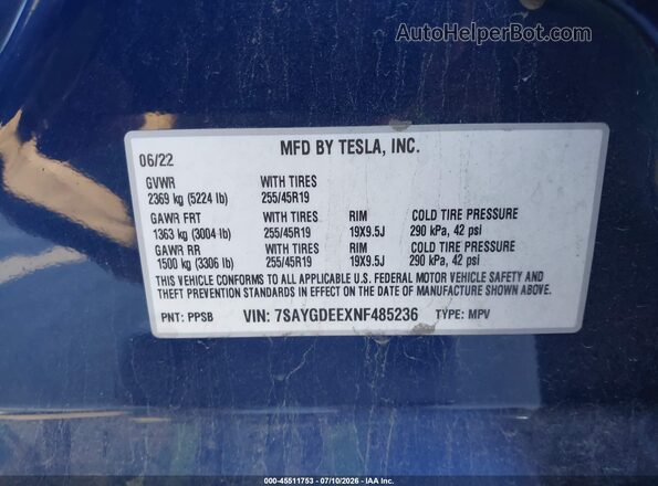 7SAYGDEEXNF485236 2022 TESLA MODEL Y Blue Widok komory silnika