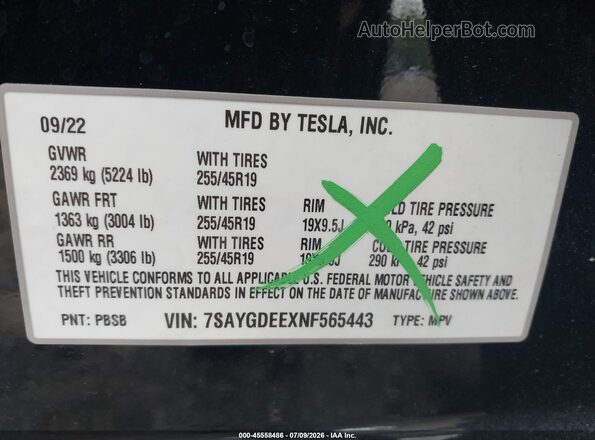 7SAYGDEEXNF565443 2022 TESLA MODEL Y Black Engine compartment view