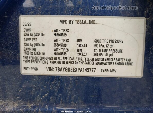 7SAYGDEEXPA145777 2023 TESLA MODEL Y Blue Շարժիչի բաժամունքի տեսք