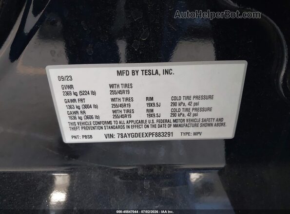 7SAYGDEEXPF883291 2023 TESLA MODEL Y Black ძრავის განყოფილების ხედი