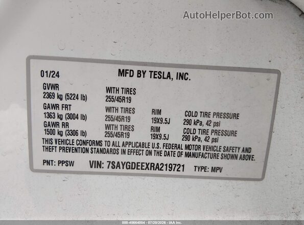 7SAYGDEEXRA219721 2024 TESLA MODEL Y White Vista del compartimento del motor