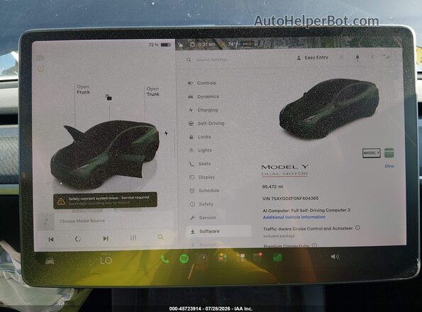 7SAYGDEF0NF404365 2022 TESLA MODEL Y Gray Widok tylnych siedzeń