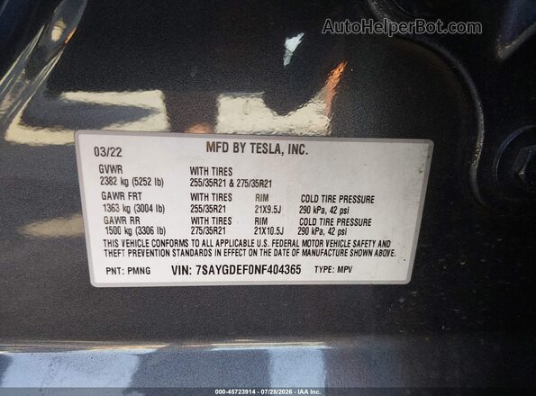 7SAYGDEF0NF404365 2022 TESLA MODEL Y Gray Widok komory silnika