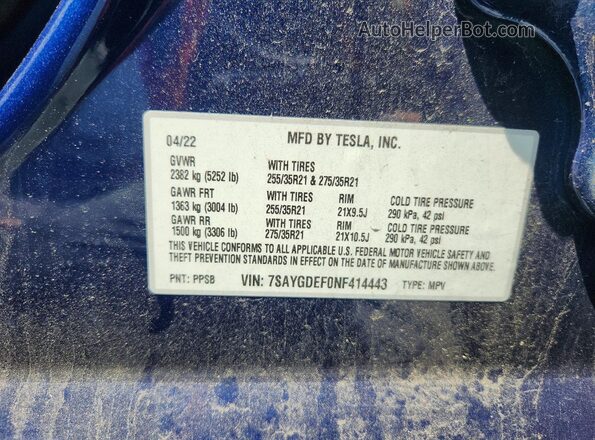 7SAYGDEF0NF414443 2022 TESLA MODEL Blue Vista interior de 360 grados
