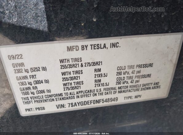 7SAYGDEF0NF548949 2022 TESLA MODEL Y Black Vista del compartimento del motor