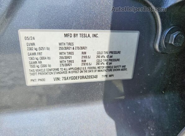 7SAYGDEF0RA289348 2024 TESLA MODEL Gray VIN კოდის სტიკერის ხედი