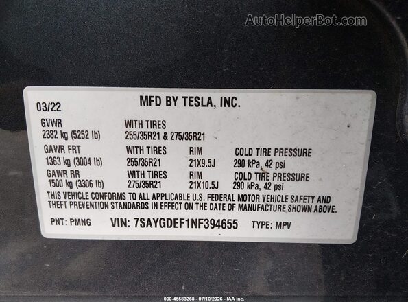 7SAYGDEF1NF394655 2022 TESLA MODEL Y Gray Շարժիչի բաժամունքի տեսք