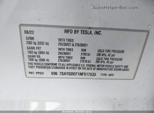 7SAYGDEF1NF517533 2022 TESLA MODEL Y White Widok komory silnika