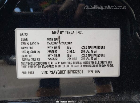 7SAYGDEF1NF532601 2022 TESLA MODEL Y Черный Вид подкапотного пространства