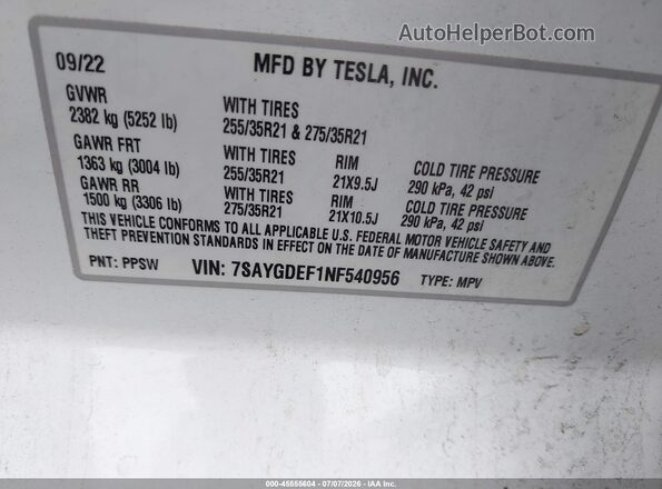 7SAYGDEF1NF540956 2022 TESLA MODEL Y White Շարժիչի բաժամունքի տեսք