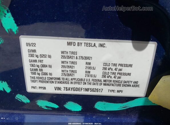 7SAYGDEF1NF562617 2022 TESLA MODEL Y Blue Engine compartment view