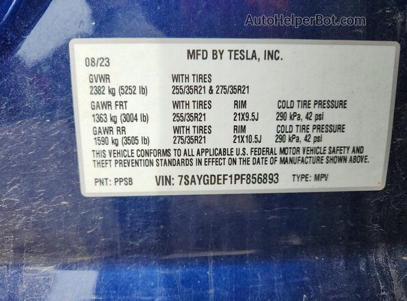 7SAYGDEF1PF856893 2023 TESLA MODEL Blue Widok naklejki z numerem VIN