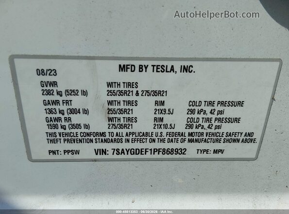 7SAYGDEF1PF868932 2023 TESLA MODEL Y White Вид підкапотного простору