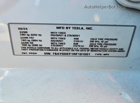 7SAYGDEF1RF181551 2024 TESLA MODEL White VIN კოდის სტიკერის ხედი