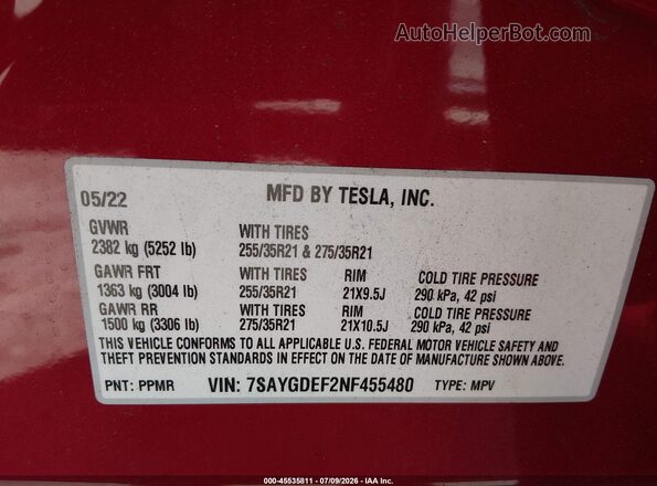 7SAYGDEF2NF455480 2022 TESLA MODEL Y Red Вид підкапотного простору