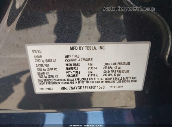 7SAYGDEF2SF311570 2025 TESLA MODEL Y Черный Вид подкапотного пространства