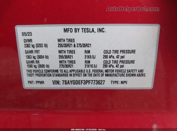7SAYGDEF3PF773627 2023 TESLA MODEL Y Red Շարժիչի բաժամունքի տեսք