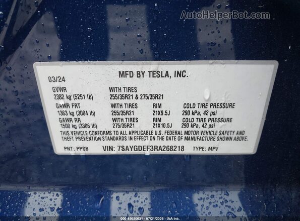 7SAYGDEF3RA268218 2024 TESLA MODEL Y Blue ძრავის განყოფილების ხედი