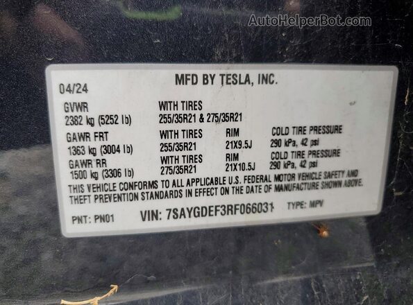 7SAYGDEF3RF066031 2024 TESLA MODEL Угольный Панорамный вид салона 360°