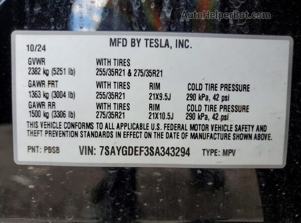 7SAYGDEF3SA343294 2025 TESLA MODEL Black Vista del compartimento del motor