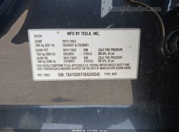 7SAYGDEF3SA345045 2025 TESLA MODEL Y Серый Вид подкапотного пространства