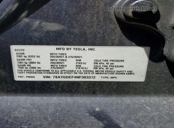 7SAYGDEF4NF383312 2022 TESLA MODEL Gray Engine compartment view