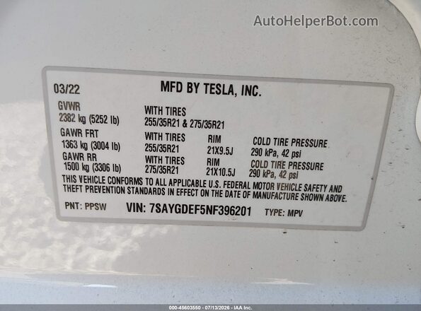 7SAYGDEF5NF396201 2022 TESLA MODEL Y White Շարժիչի բաժամունքի տեսք