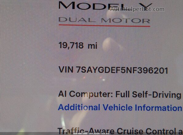 7SAYGDEF5NF396201 2022 TESLA MODEL Y White 