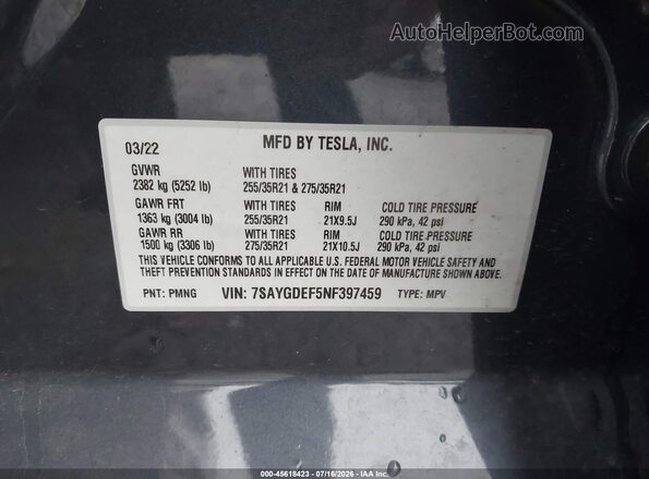 7SAYGDEF5NF397459 2022 TESLA MODEL Y Gray Շարժիչի բաժամունքի տեսք