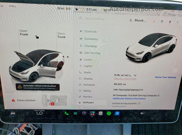 7SAYGDEF5NF552771 2022 TESLA MODEL Белый Вид щитка приборов