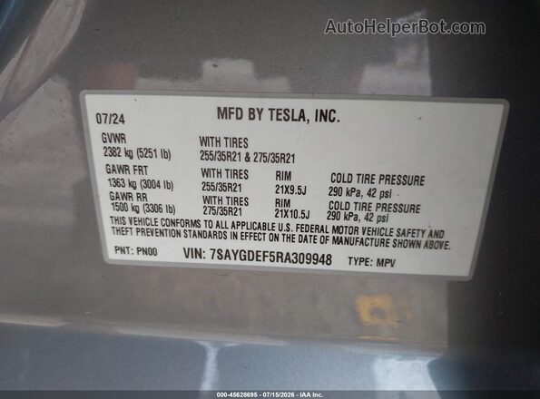 7SAYGDEF5RA309948 2024 TESLA MODEL Y Gray Vista del compartimento del motor