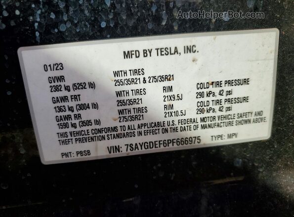 7SAYGDEF6PF666975 2023 TESLA MODEL Black Widok naklejki z numerem VIN
