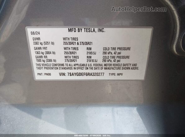 7SAYGDEF6RA320277 2024 TESLA MODEL Y Gray Widok komory silnika
