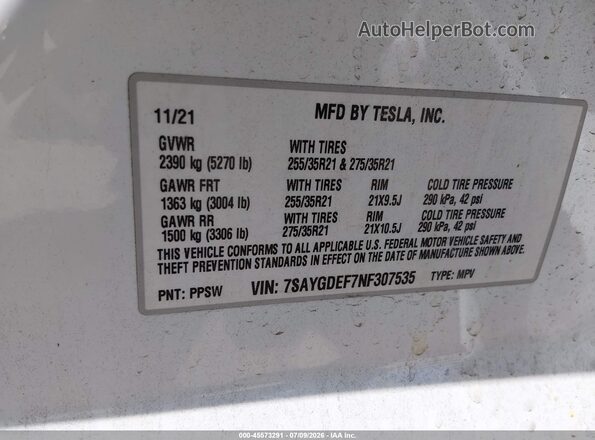 7SAYGDEF7NF307535 2022 TESLA MODEL Y Белый Вид подкапотного пространства