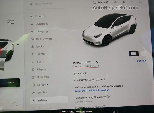 7SAYGDEF7NF307535 2022 TESLA MODEL Y Белый Вид задних сидений