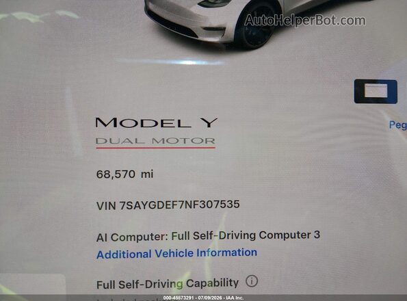 7SAYGDEF7NF307535 2022 TESLA MODEL Y Белый Панорамный вид салона 360°