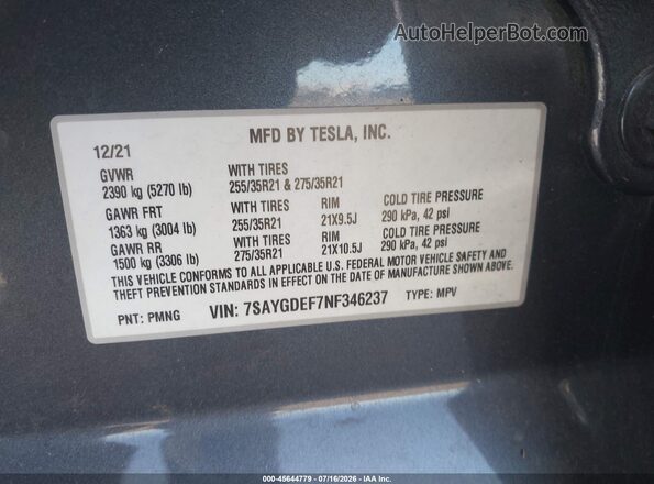7SAYGDEF7NF346237 2022 TESLA MODEL Y Gray Vista del compartimento del motor
