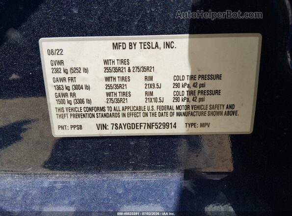 7SAYGDEF7NF529914 2022 TESLA MODEL Y Blue ძრავის განყოფილების ხედი