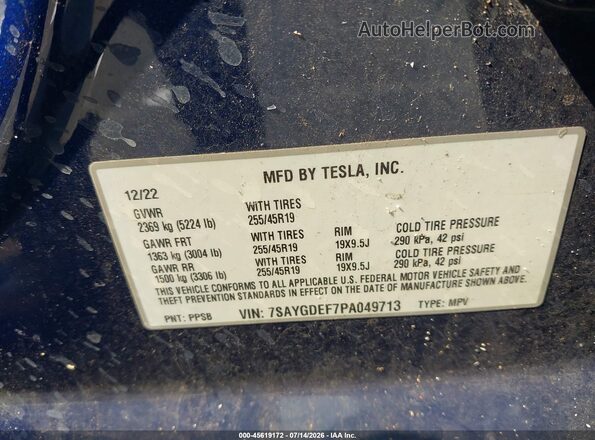 7SAYGDEF7PA049713 2023 TESLA MODEL Y Blue Вид підкапотного простору